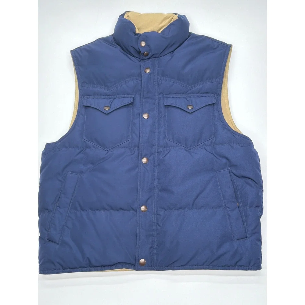 90s Polo Ralph Lauren Reversible Down Puffer Vest Navy Blue Tan Khaki Mens Large